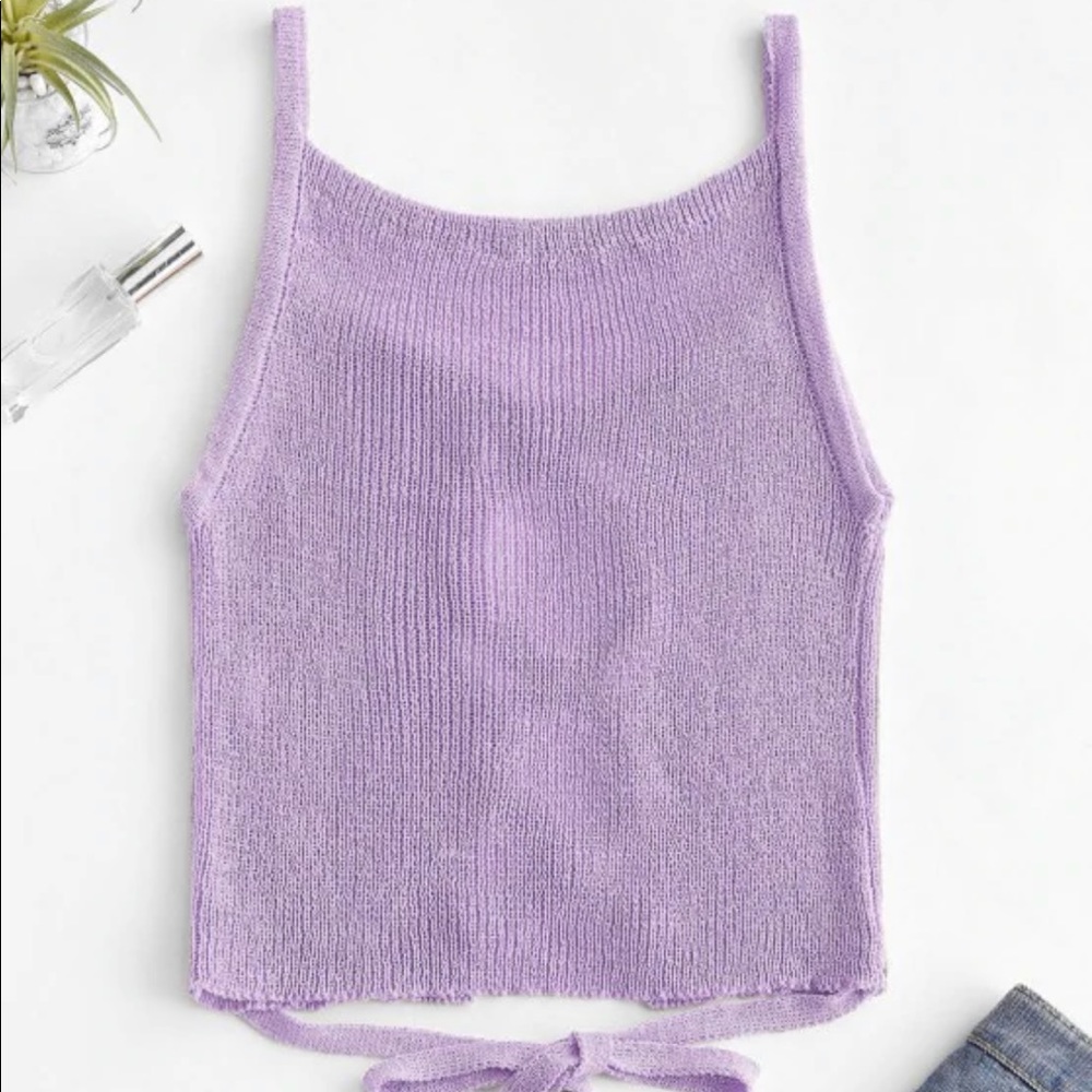 Lattice front tie waist knitted top light purple